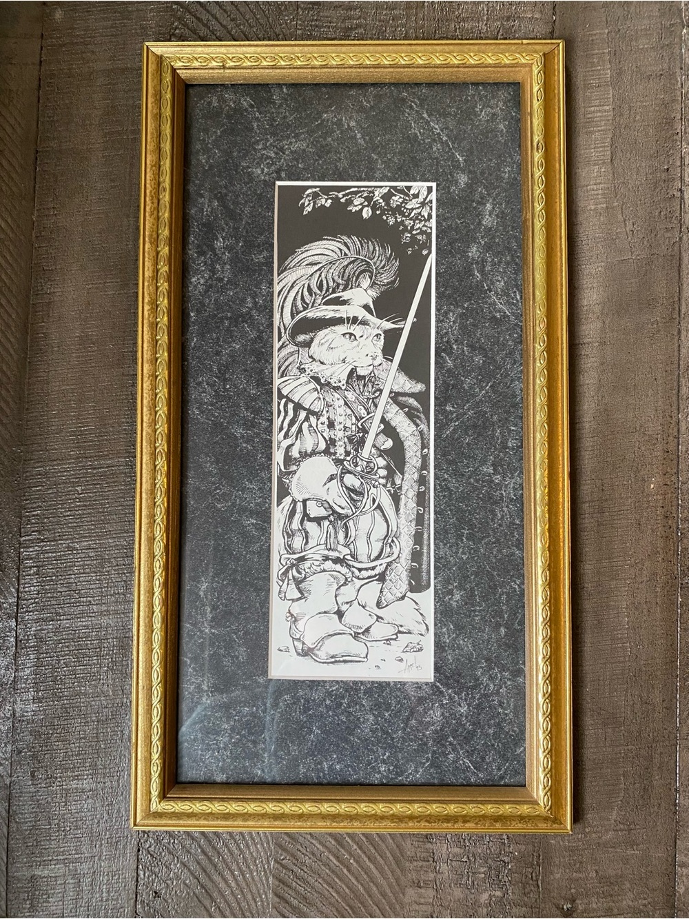 Vintage 90s 17th Century Anthropomorphic Cat Cavalier Framed Artwork Gothic Deco